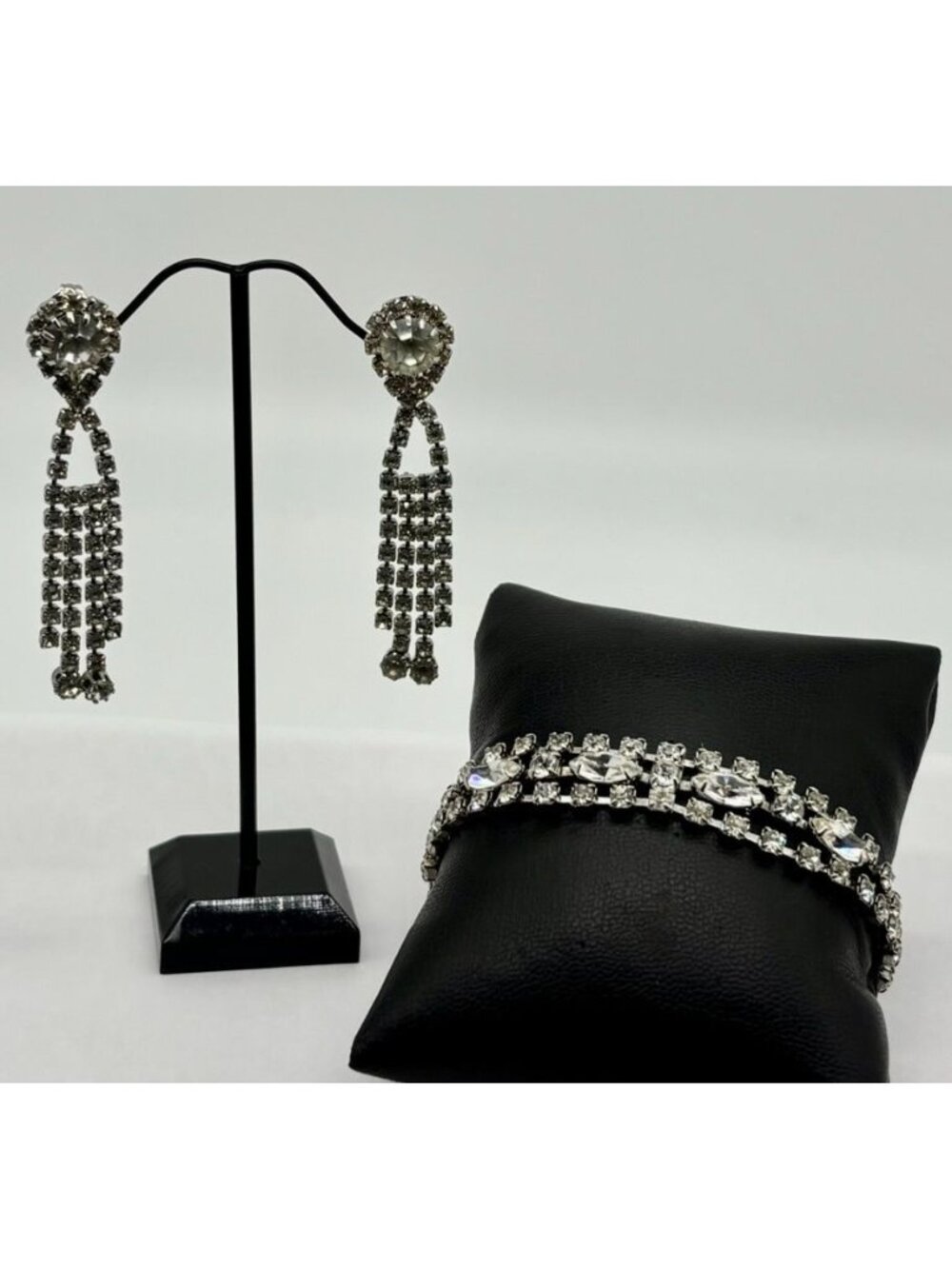 Vintage Rhinestone Bracelet and Clip-On Rhinestone Dangle Earrings Set ,Unsigned